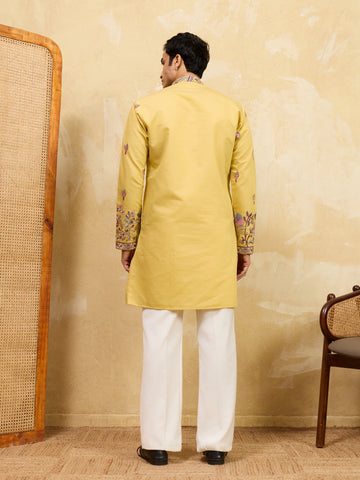 Radiant Yellow Viscose Silk Embroidered Kurta with Dupatta
