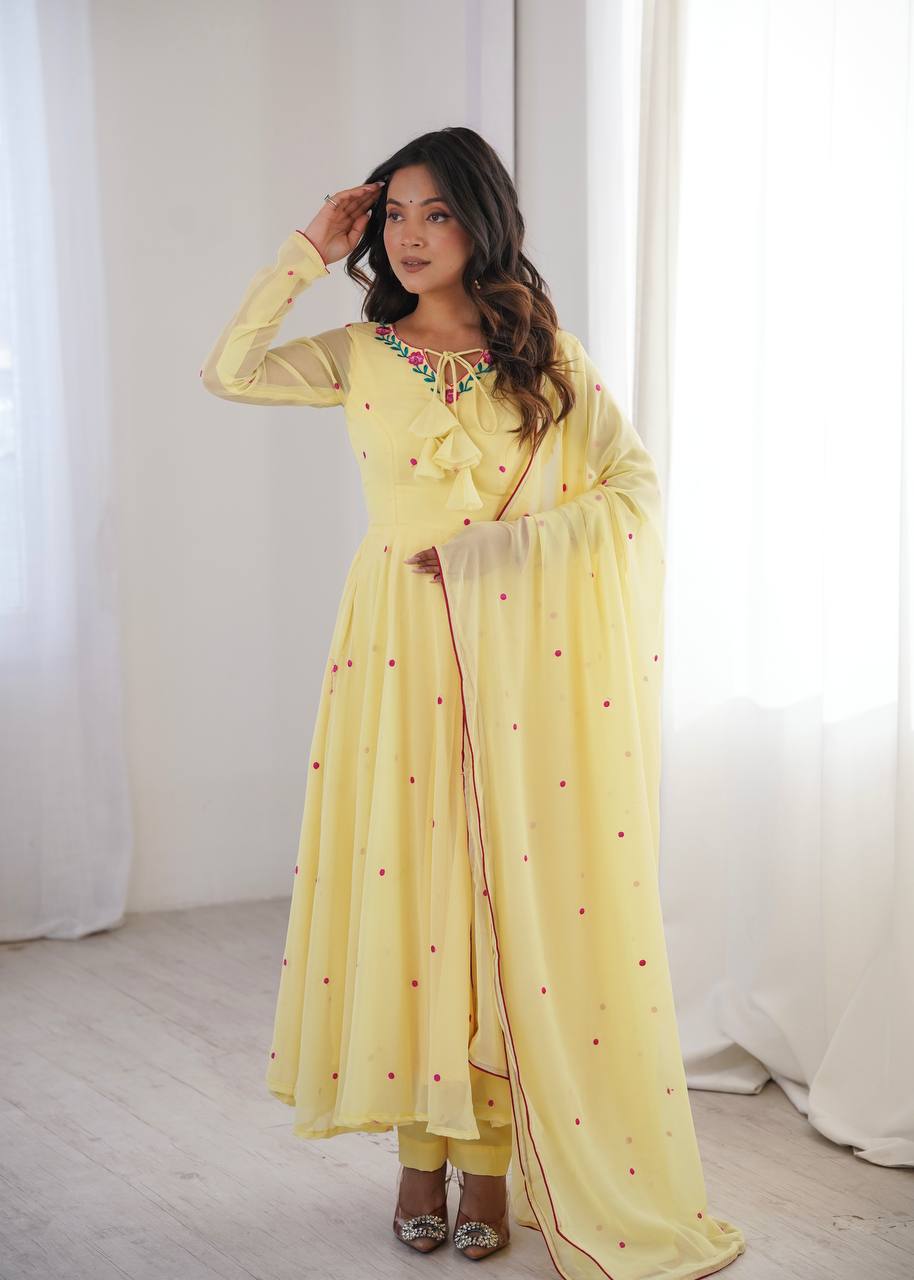 Fancy Yellow Faux Georgette Thread Work Anarkali Set
