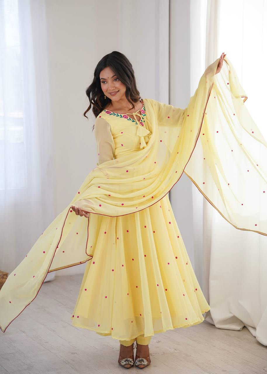 Fancy Yellow Faux Georgette Thread Work Anarkali Set
