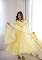 Fancy Yellow Faux Georgette Thread Work Anarkali Set
