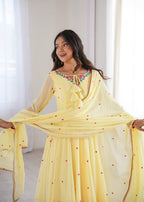 Fancy Yellow Faux Georgette Thread Work Anarkali Set
