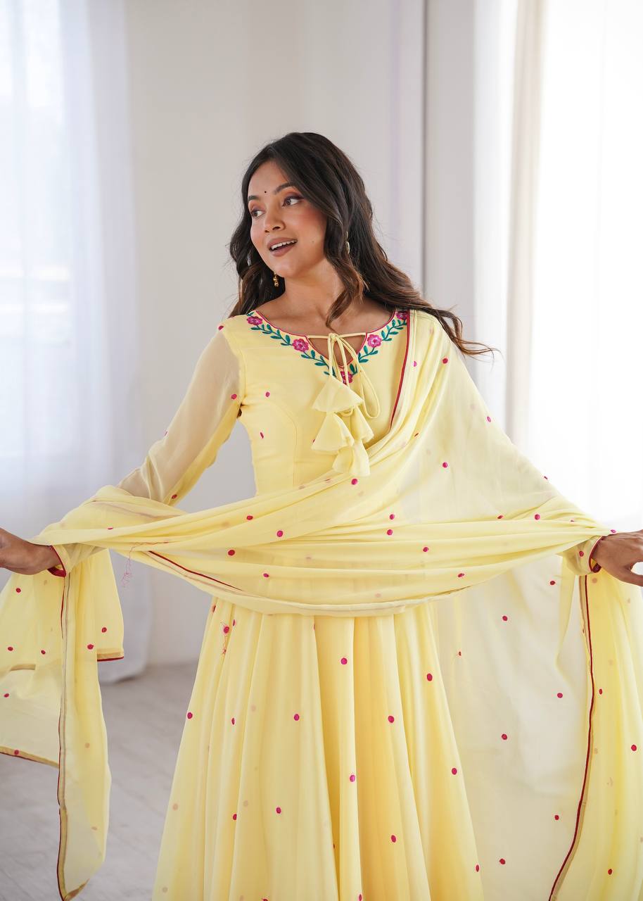 Fancy Yellow Faux Georgette Thread Work Anarkali Set
