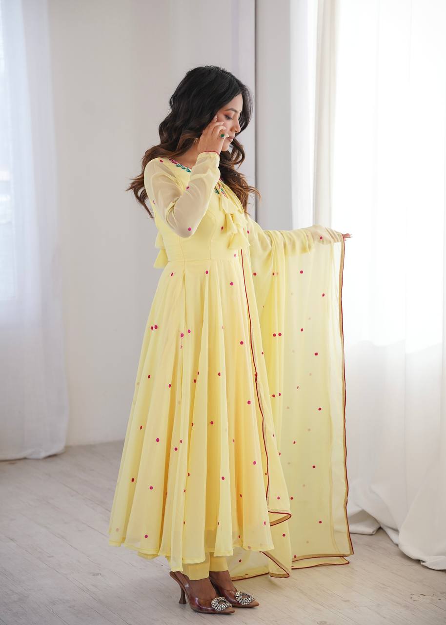Fancy Yellow Faux Georgette Thread Work Anarkali Set
