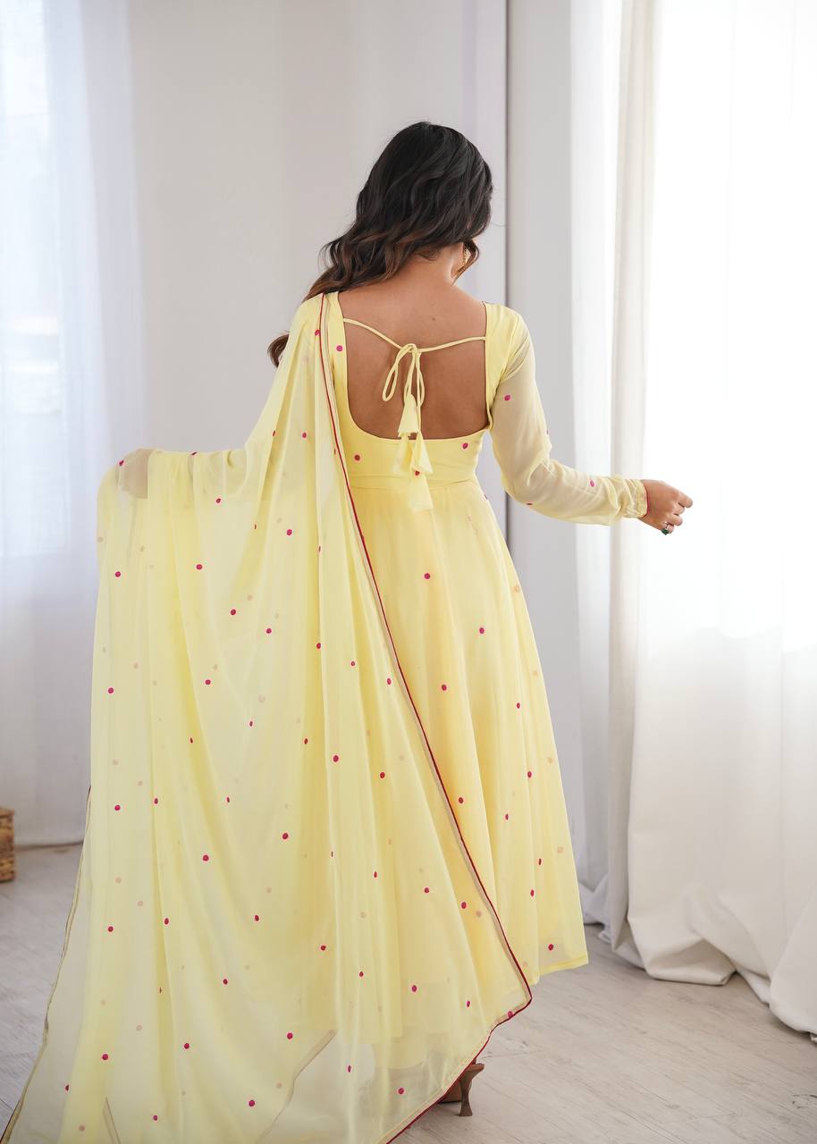 Fancy Yellow Faux Georgette Thread Work Anarkali Set

