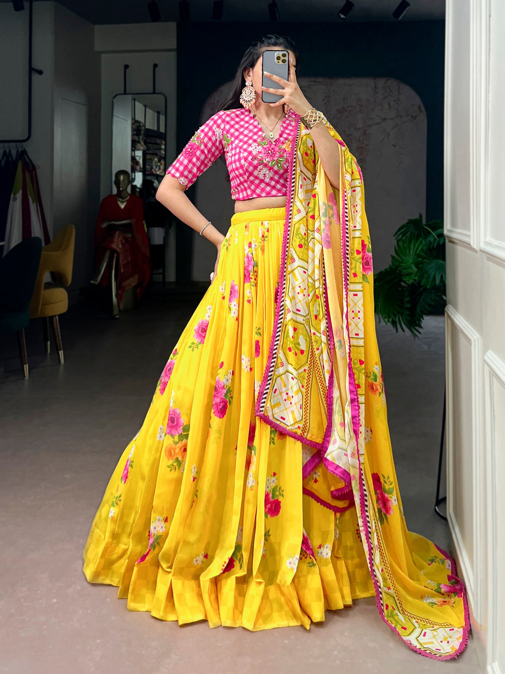 Royal Yellow Floral Print Georgette Lehenga Set for Special Occasions
