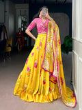 Royal Yellow Floral Print Georgette Lehenga Set for Special Occasions
