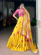 Royal Yellow Floral Print Georgette Lehenga Set for Special Occasions
