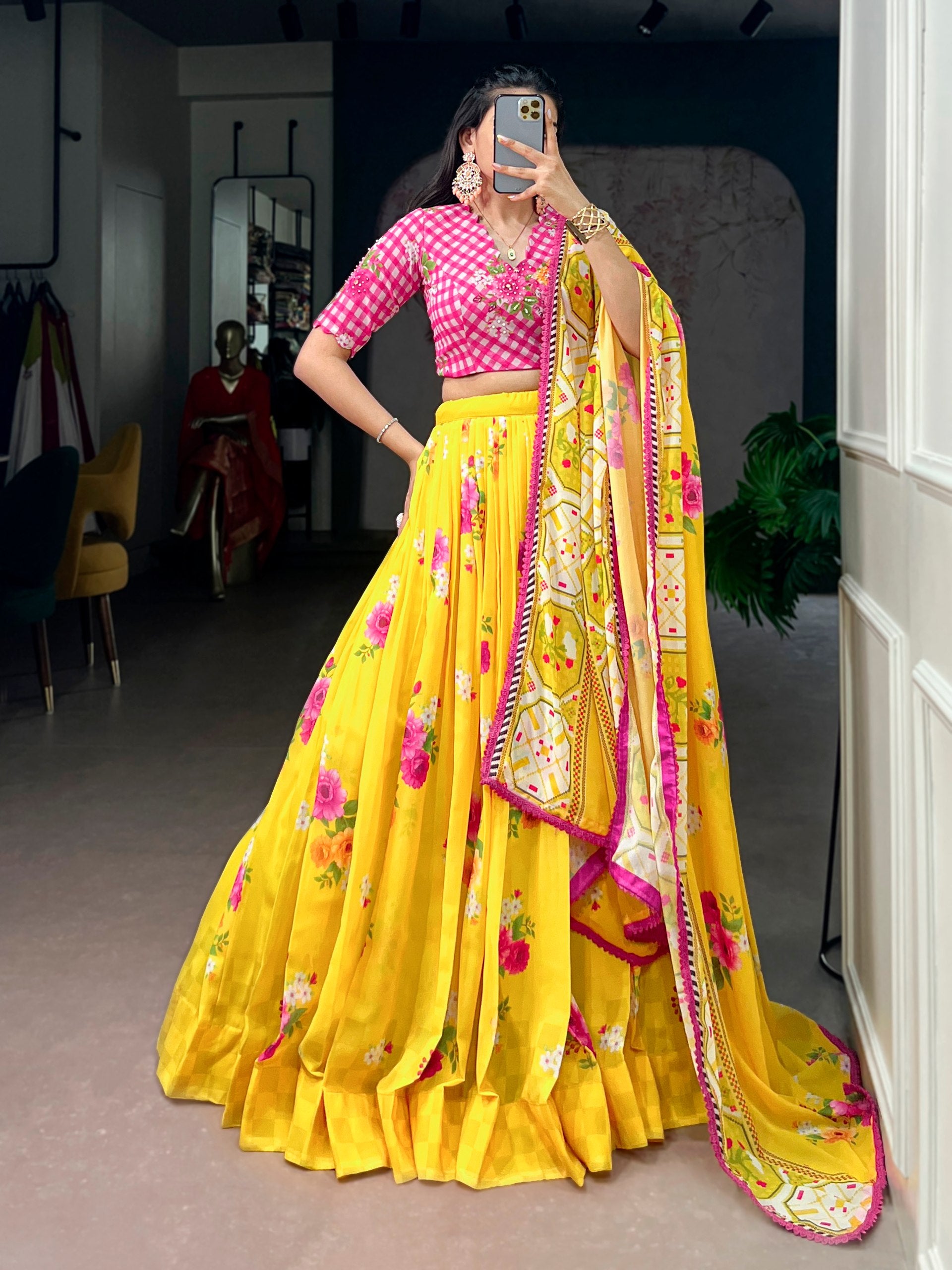 Royal Yellow Floral Print Georgette Lehenga Set for Special Occasions
