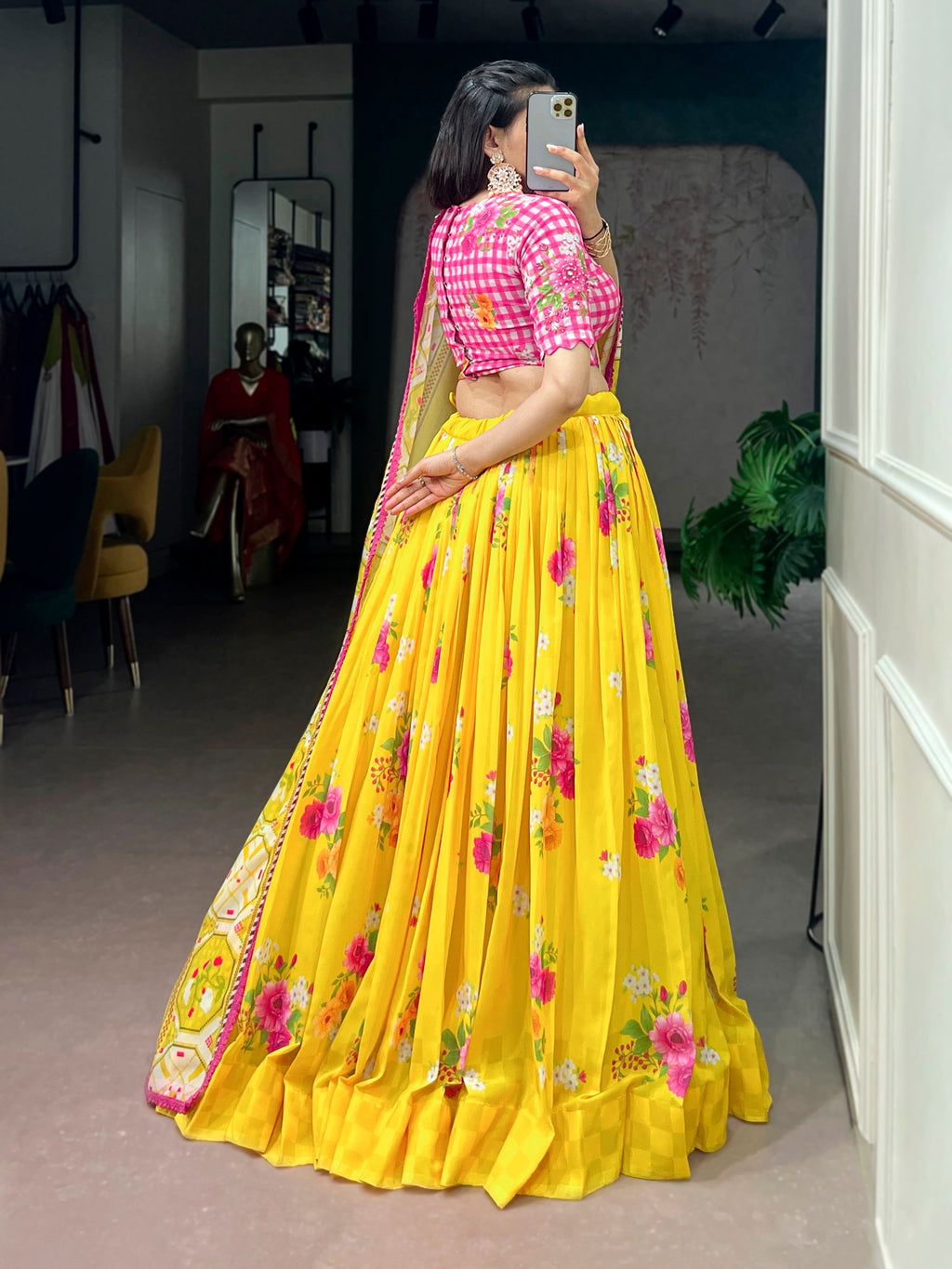 Royal Yellow Floral Print Georgette Lehenga Set for Special Occasions
