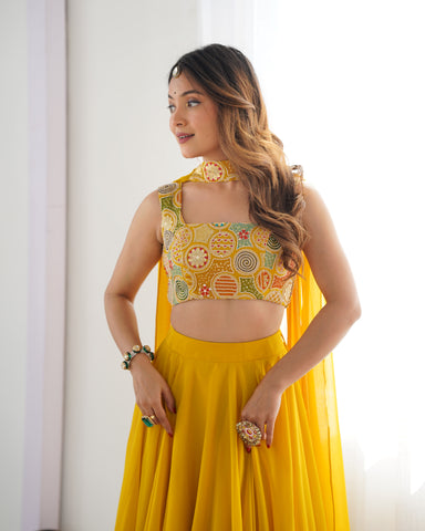Yellow Pure Soft Fox Georgette Lehenga Set With Huge Flair & Dupatta