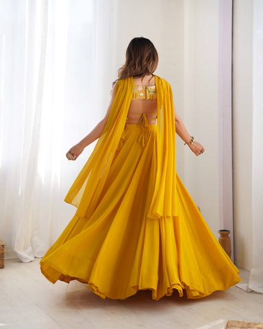 Yellow Pure Soft Fox Georgette Lehenga Set With Huge Flair & Dupatta