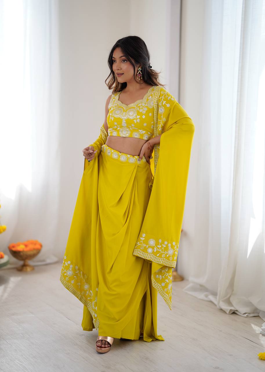 Stylish Yellow French Crepe Thread & Sequence Work Western Dhoti Set
