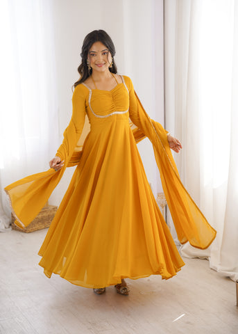 Elegant Georgette Yellow Anarkali Gown with Dupatta 