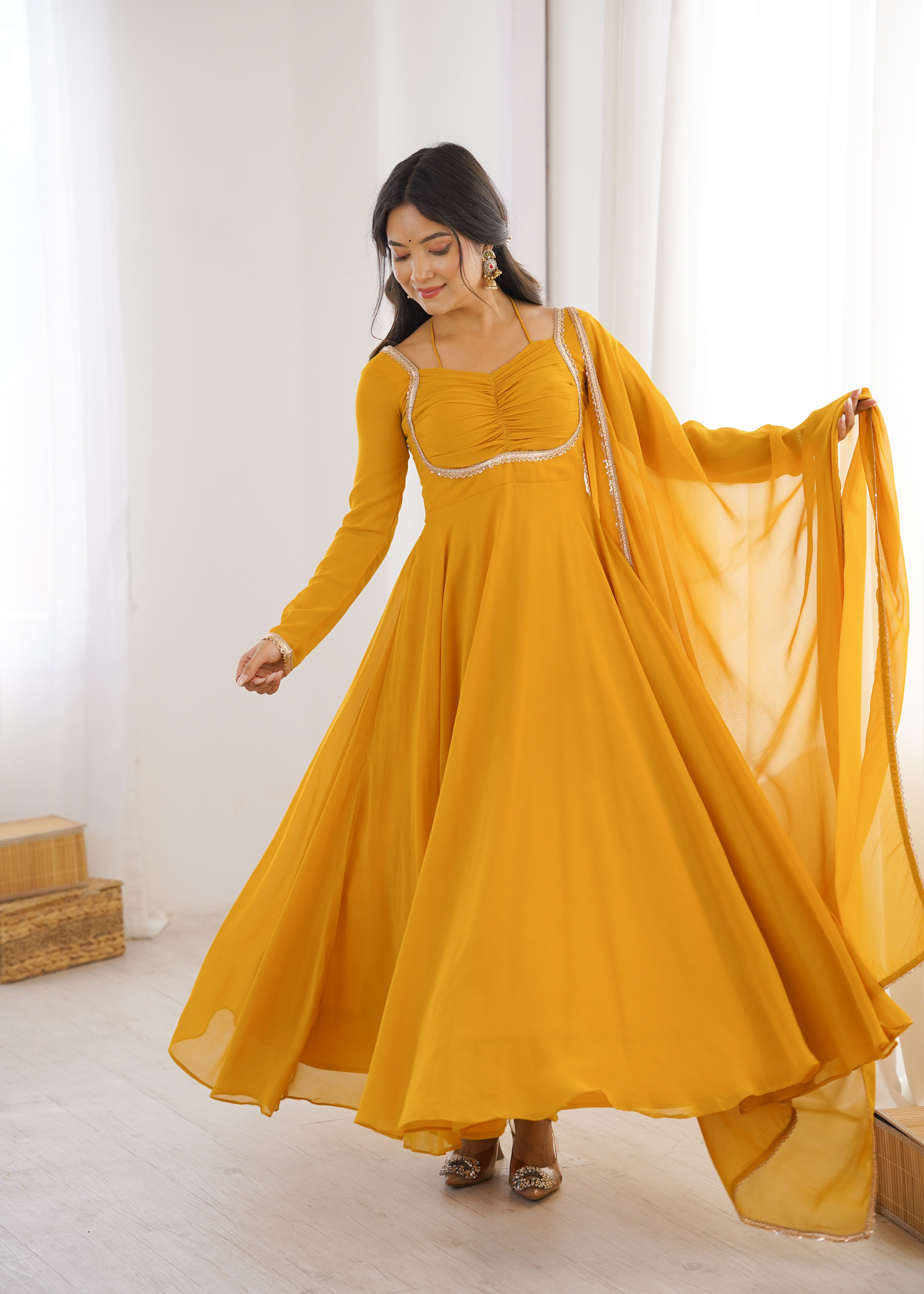 Elegant Georgette Yellow Anarkali Gown with Dupatta 