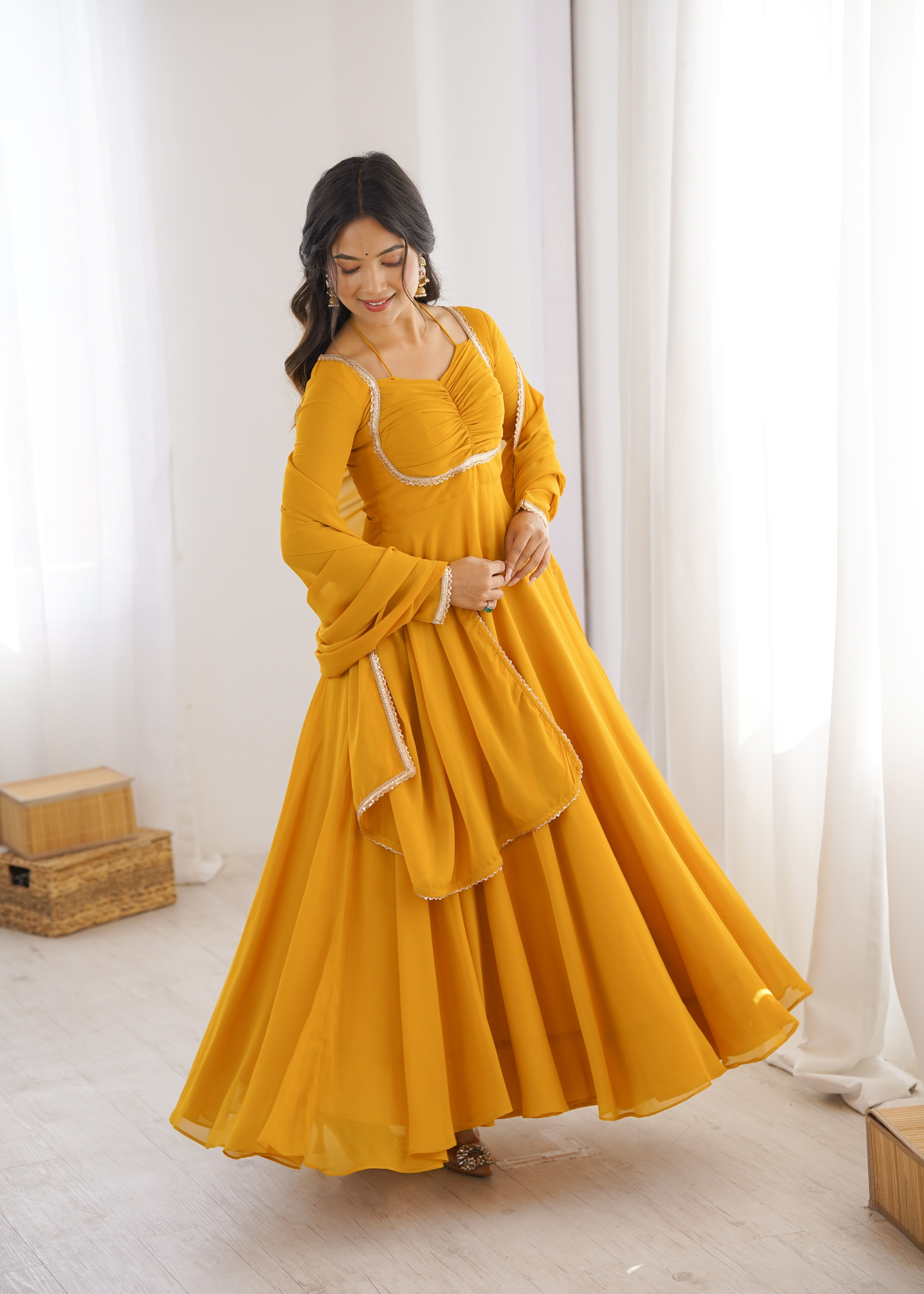Elegant Georgette Yellow Anarkali Gown with Dupatta 