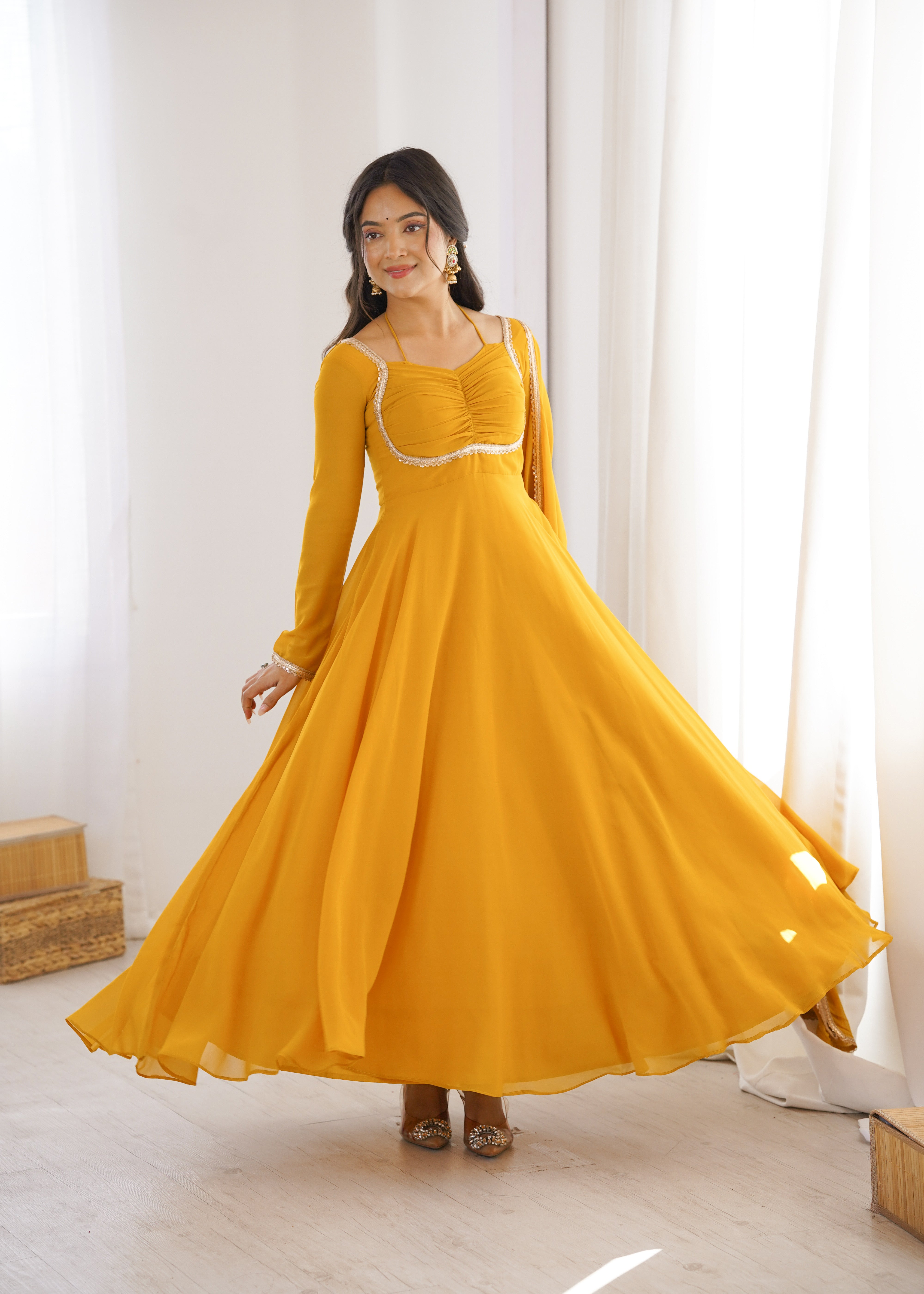 Elegant Georgette Yellow Anarkali Gown with Dupatta 