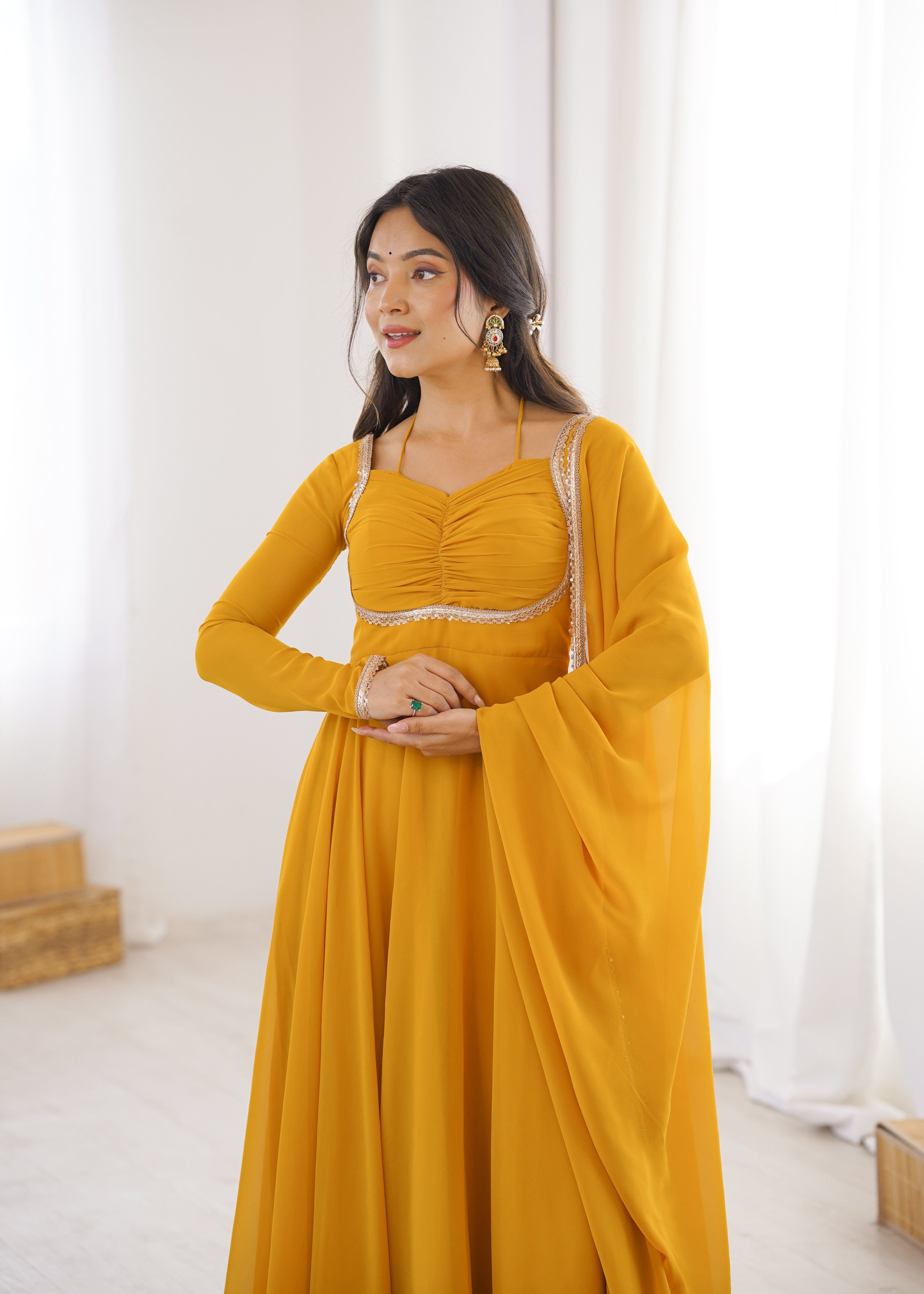 Elegant Georgette Yellow Anarkali Gown with Dupatta 