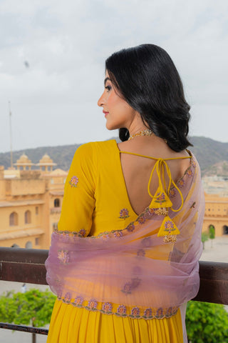 Radiant Yellow Embroidered Georgette Anarkali Gown With Contrasting Dupatta