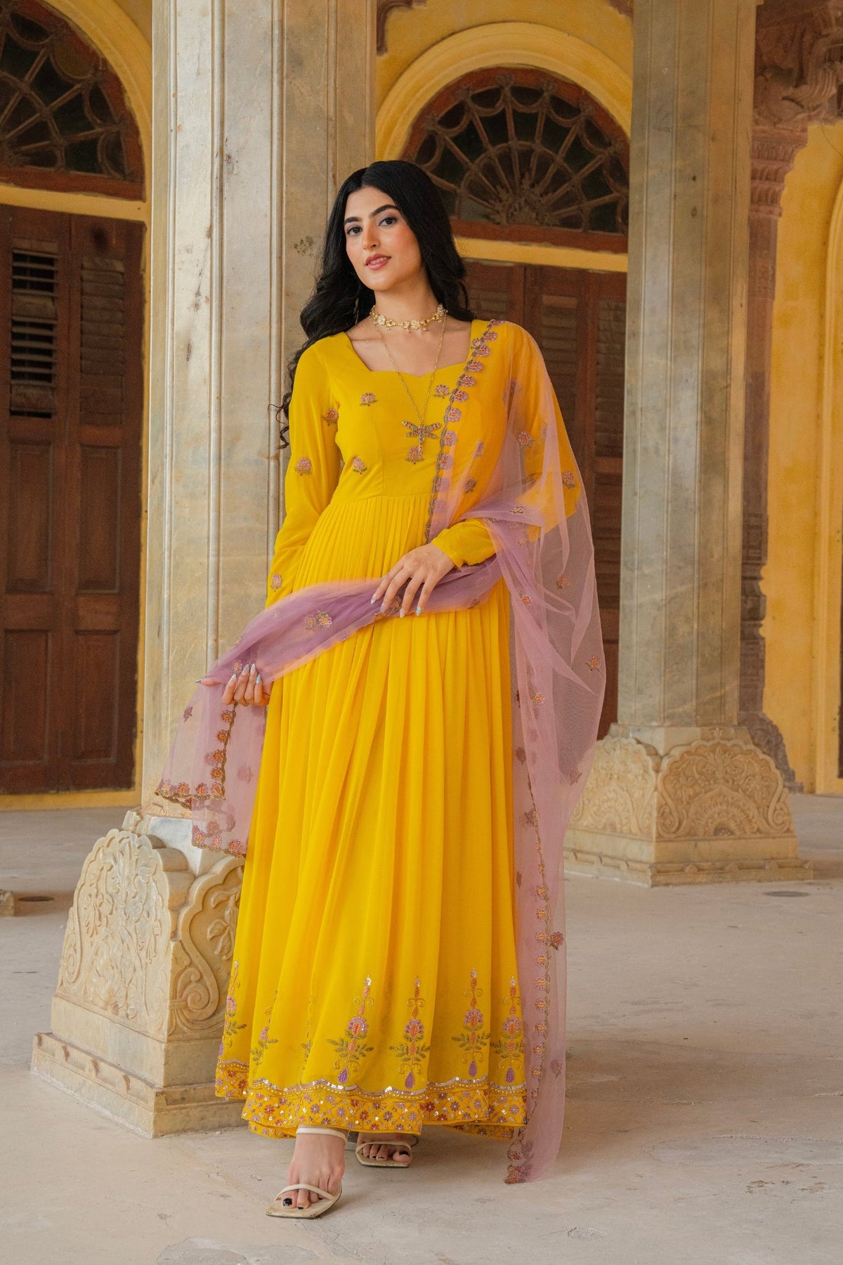Radiant Yellow Embroidered Georgette Anarkali Gown With Contrasting Dupatta