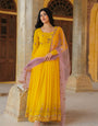 Radiant Yellow Embroidered Georgette Anarkali Gown With Contrasting Dupatta