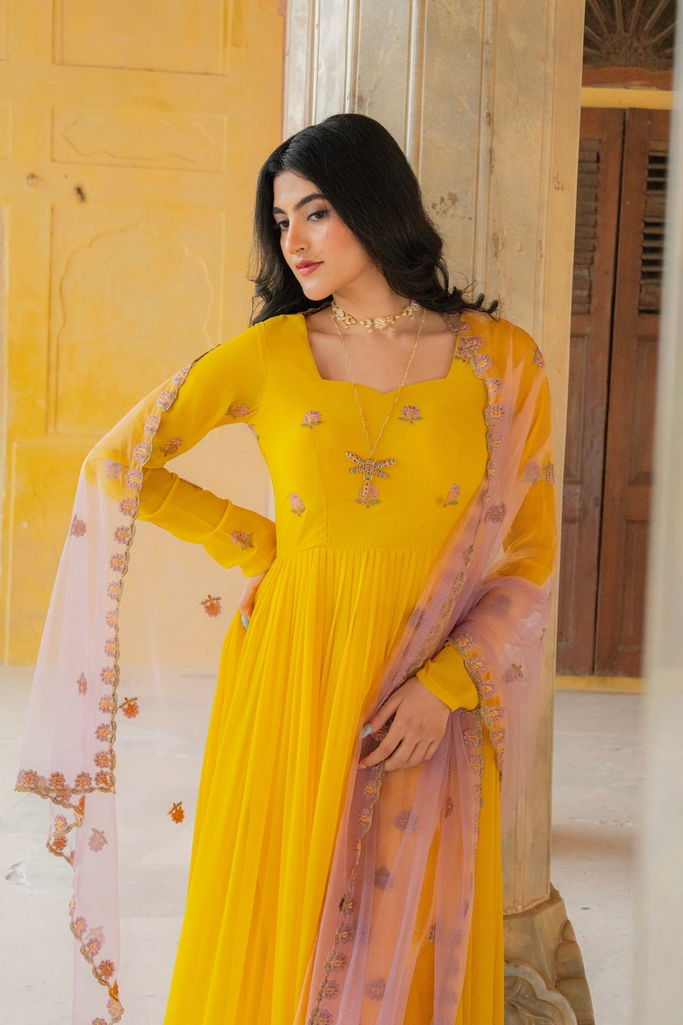 Radiant Yellow Embroidered Georgette Anarkali Gown With Contrasting Dupatta