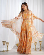 Indo Western Georgette Shrug with Crop Top & Printed Palazzo