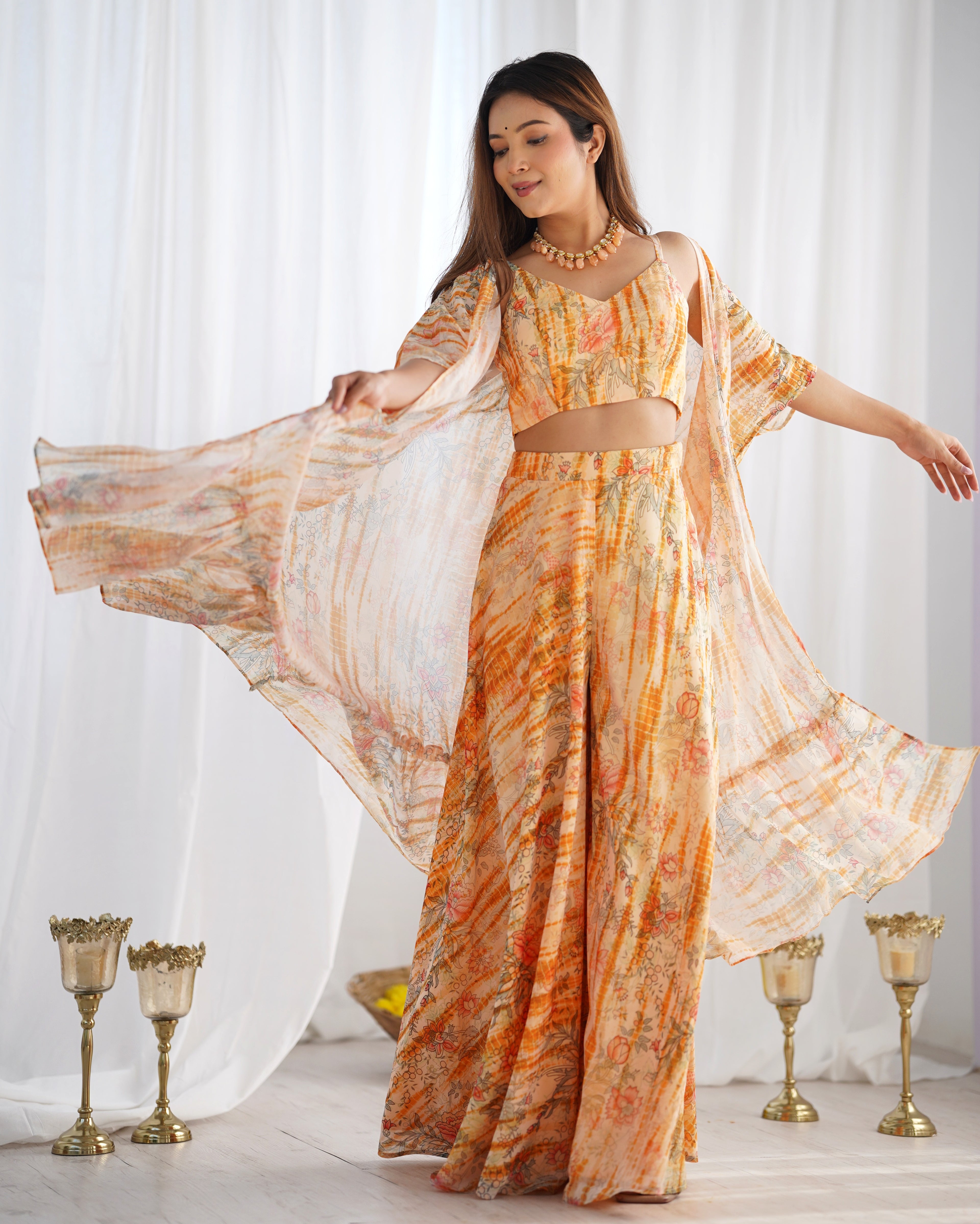 Indo Western Georgette Shrug with Crop Top & Printed Palazzo