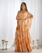 Indo Western Georgette Shrug with Crop Top & Printed Palazzo