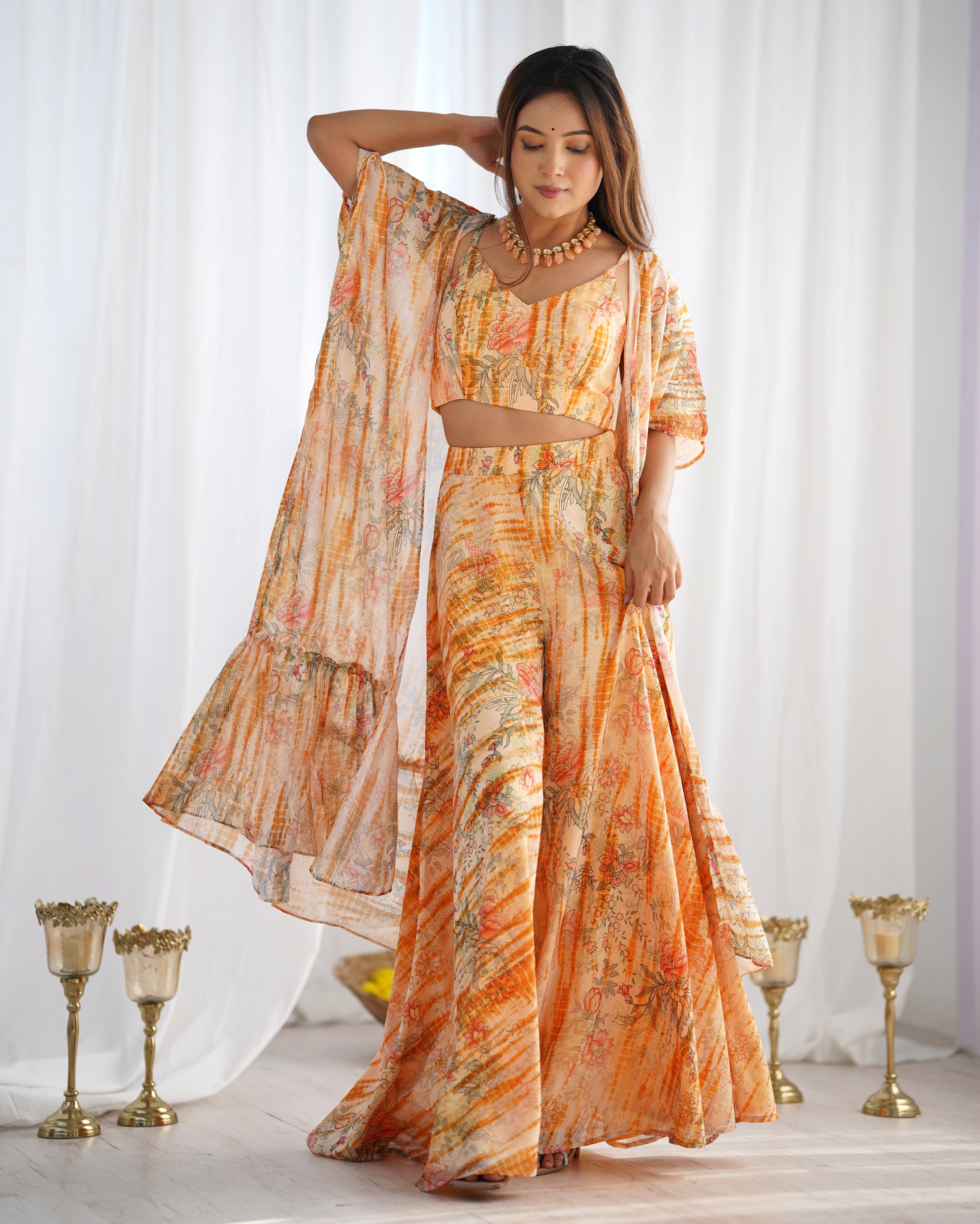 Indo Western Georgette Shrug with Crop Top & Printed Palazzo