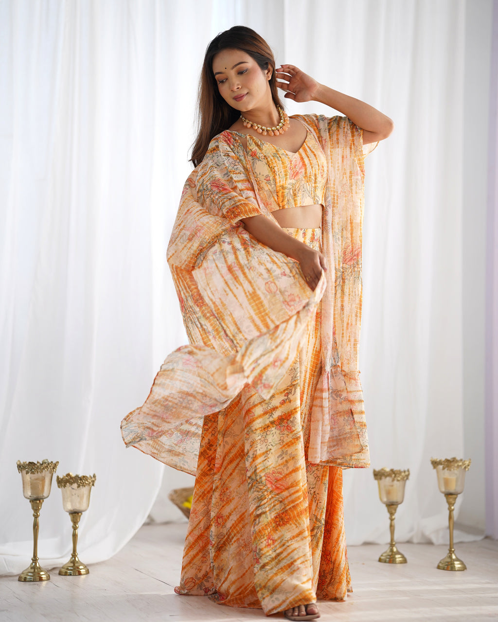 
Indo Western Georgette Shrug with Crop Top & Printed Palazzo