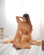 
Indo Western Georgette Shrug with Crop Top & Printed Palazzo