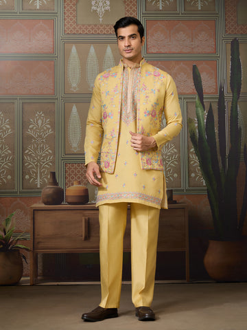 Trending Yellow Haldi Ceremony Koti Kurta for Men
