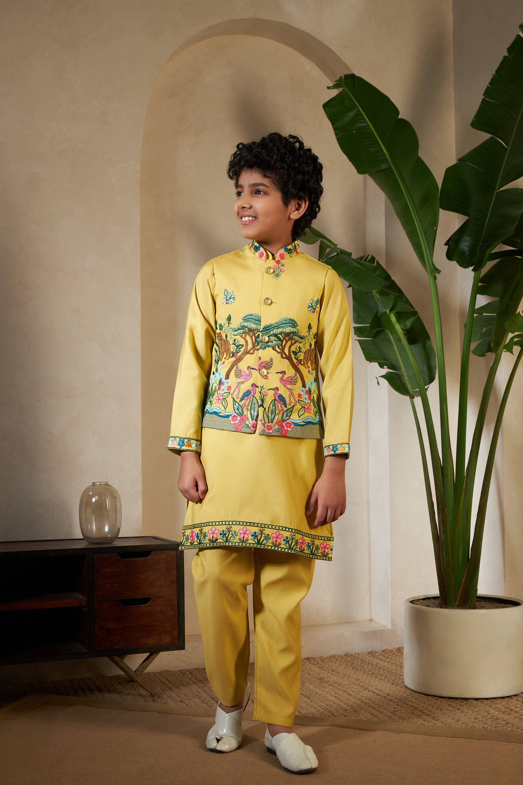 Festival Wear Yellow Kurta Koti Set For Kids