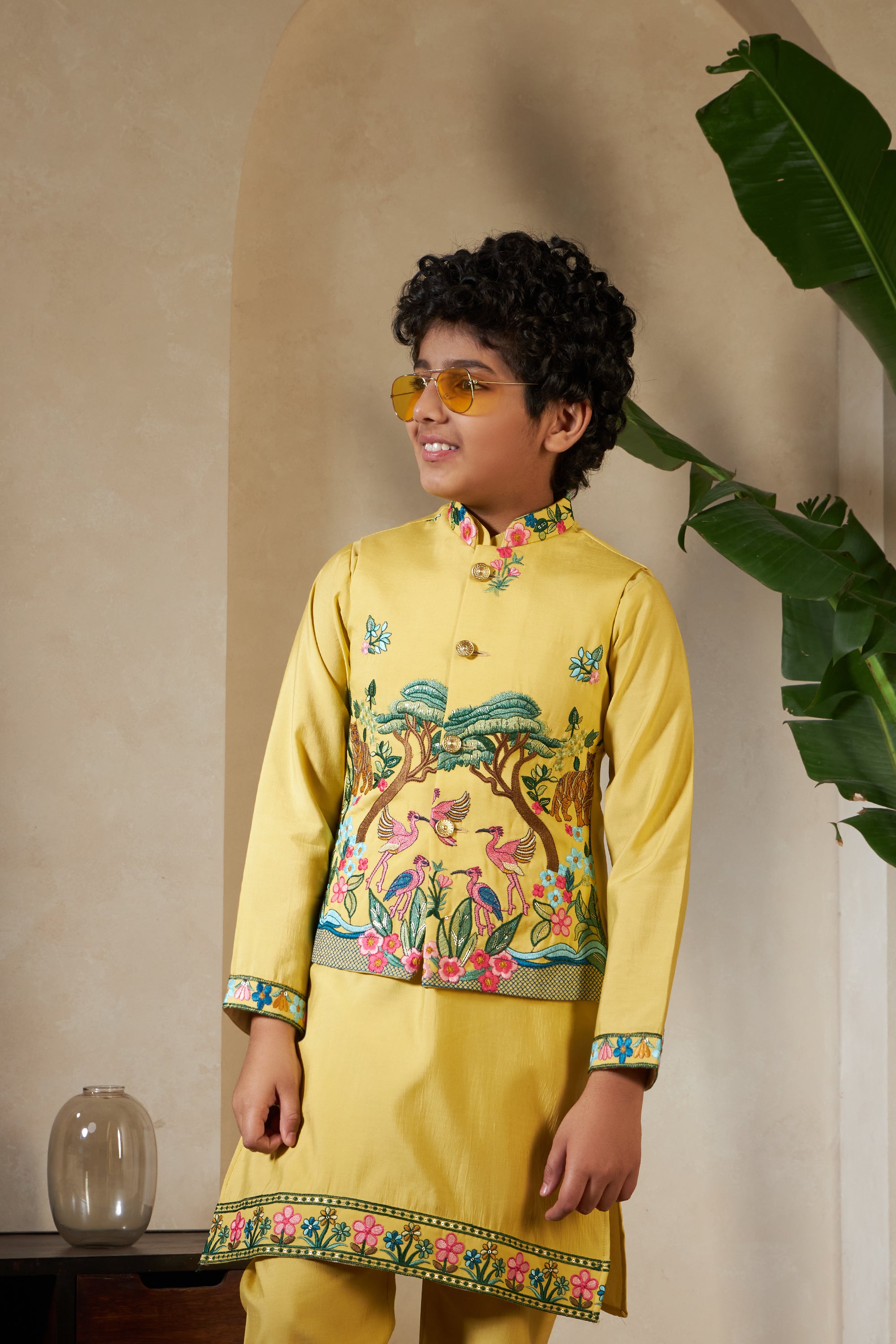 Festival Wear Yellow Kurta Koti Set For Kids