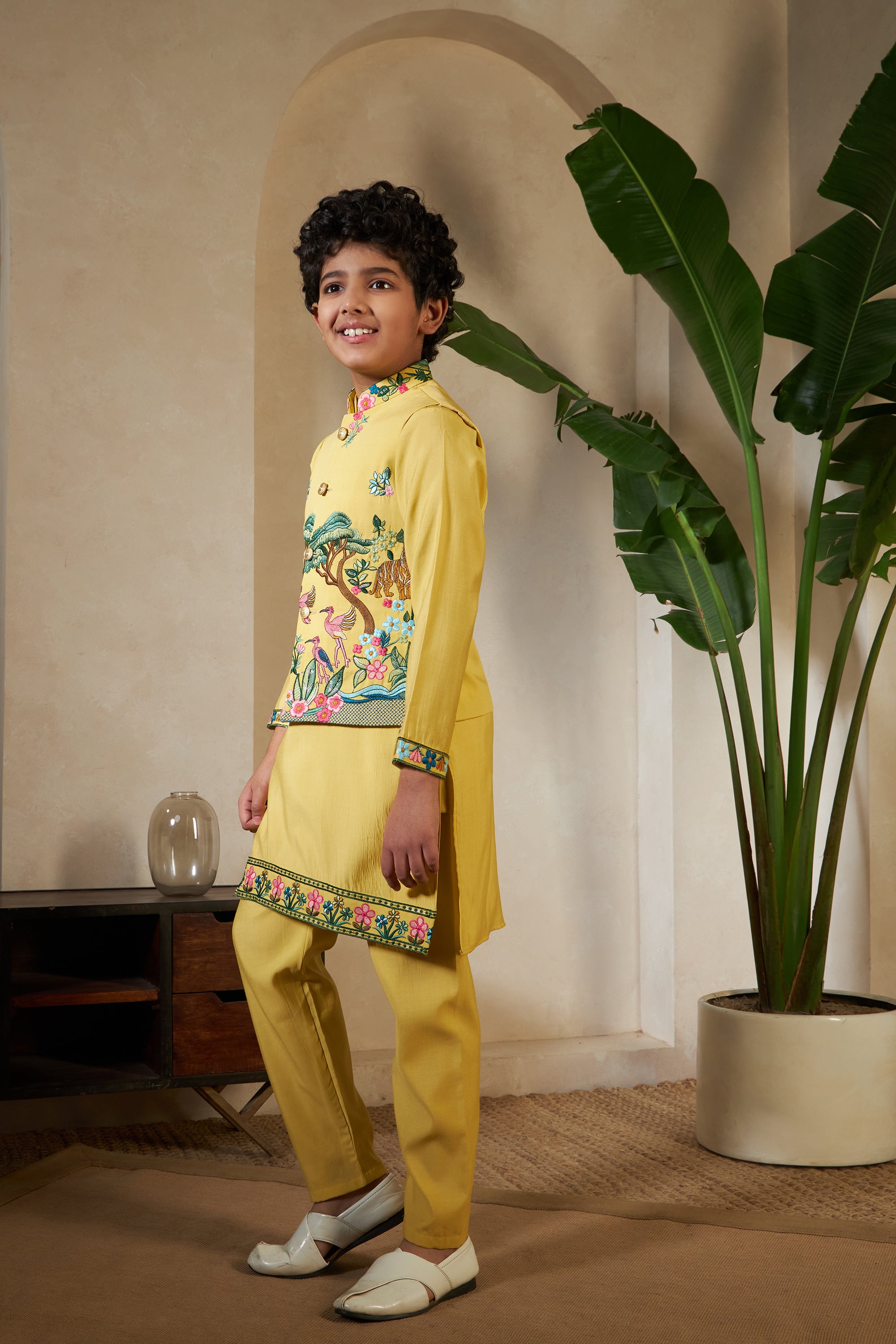 Festival Wear Yellow Kurta Koti Set For Kids