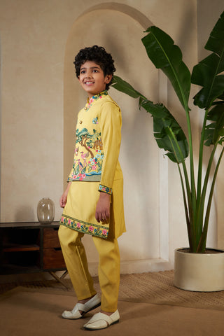 Festival Wear Yellow Kurta Koti Set For Kids