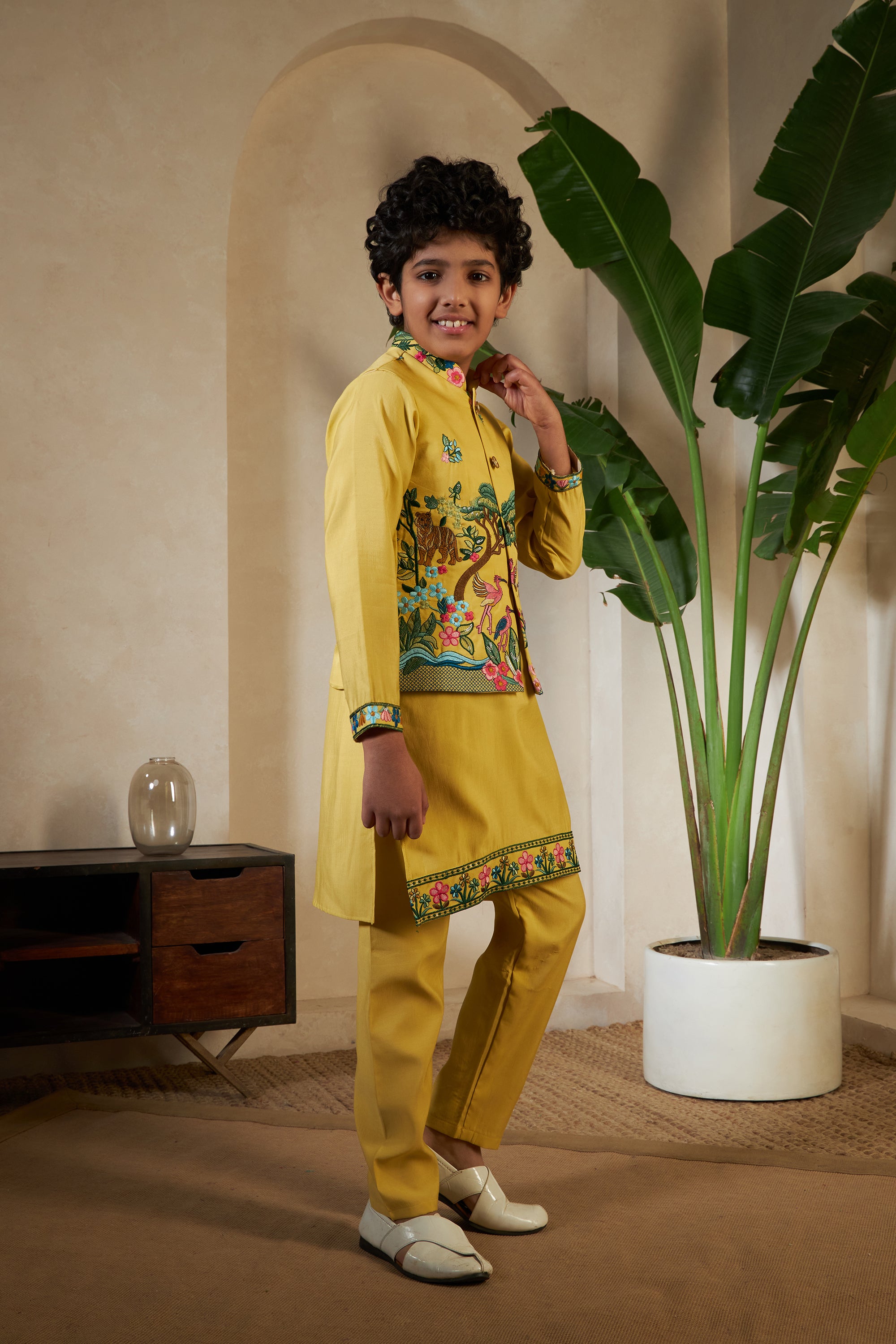 Festival Wear Yellow Kurta Koti Set For Kids