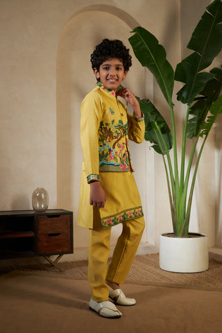 Festival Wear Yellow Kurta Koti Set For Kids