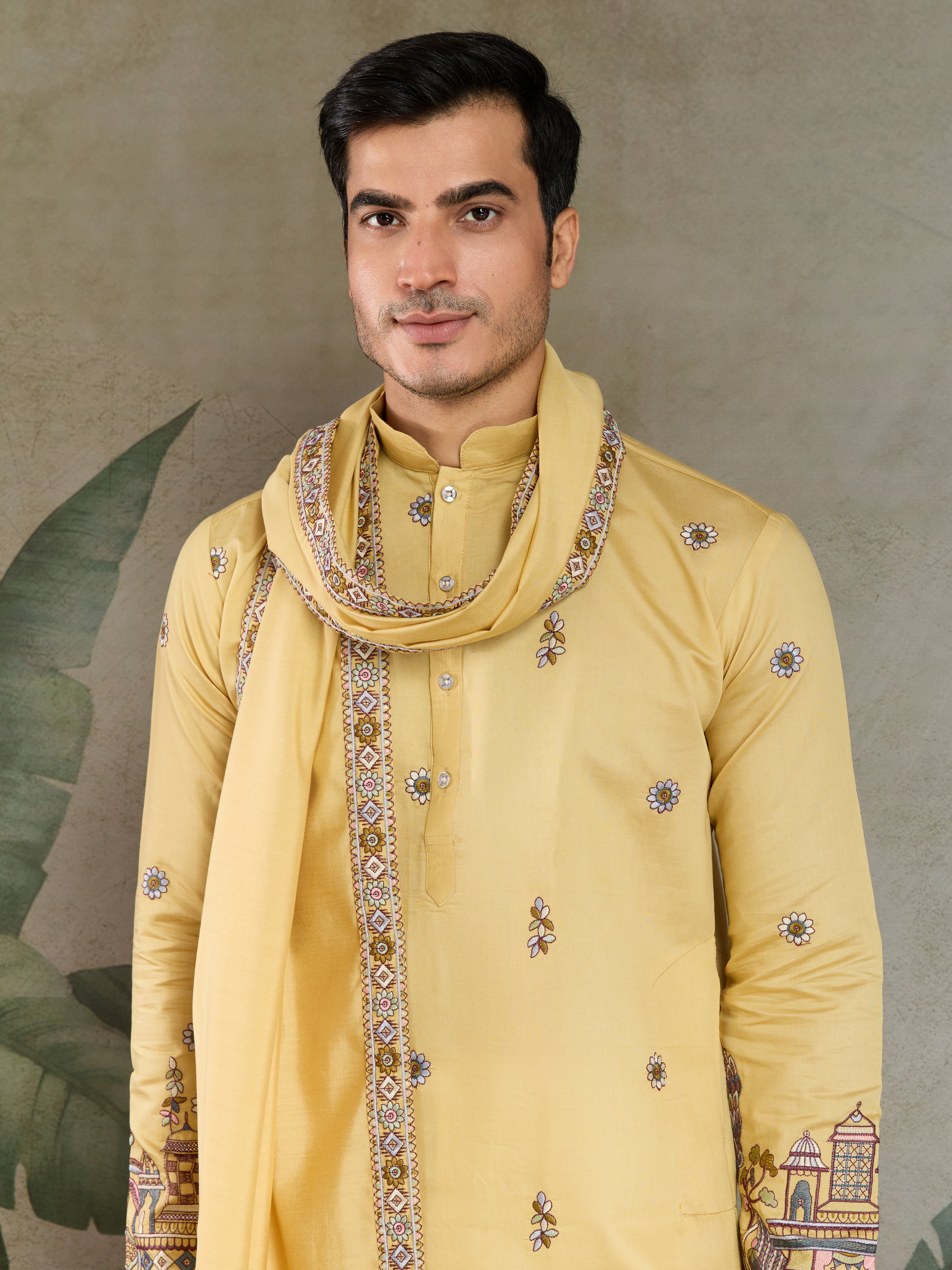 Haldi Special Yellow Embroidered Kurta Pajama Set for Men