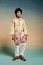 Bright Yellow Viscose Silk Embroidered Work Kurta Pant Set
