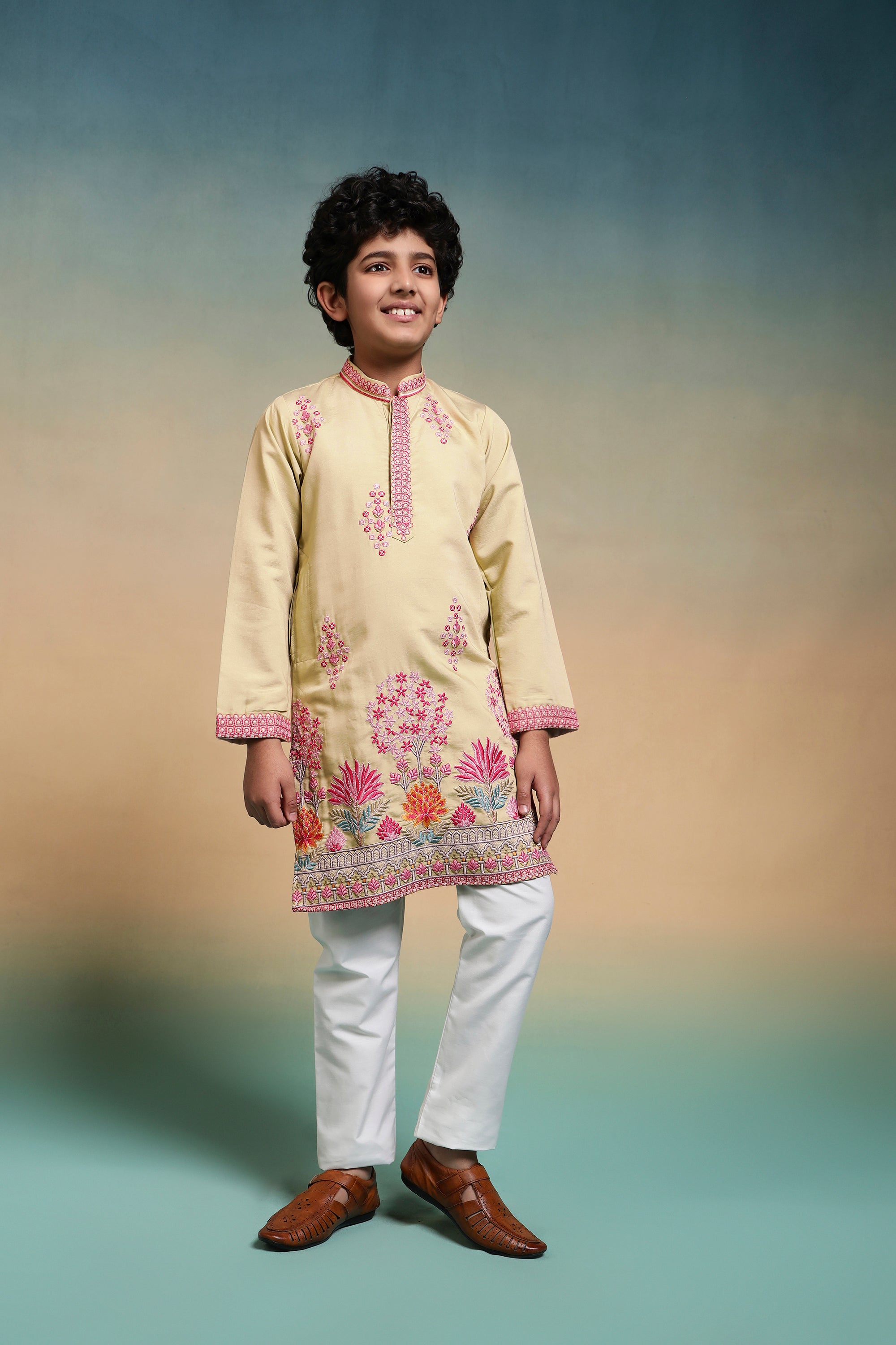 Bright Yellow Viscose Silk Embroidered Work Kurta Pant Set
