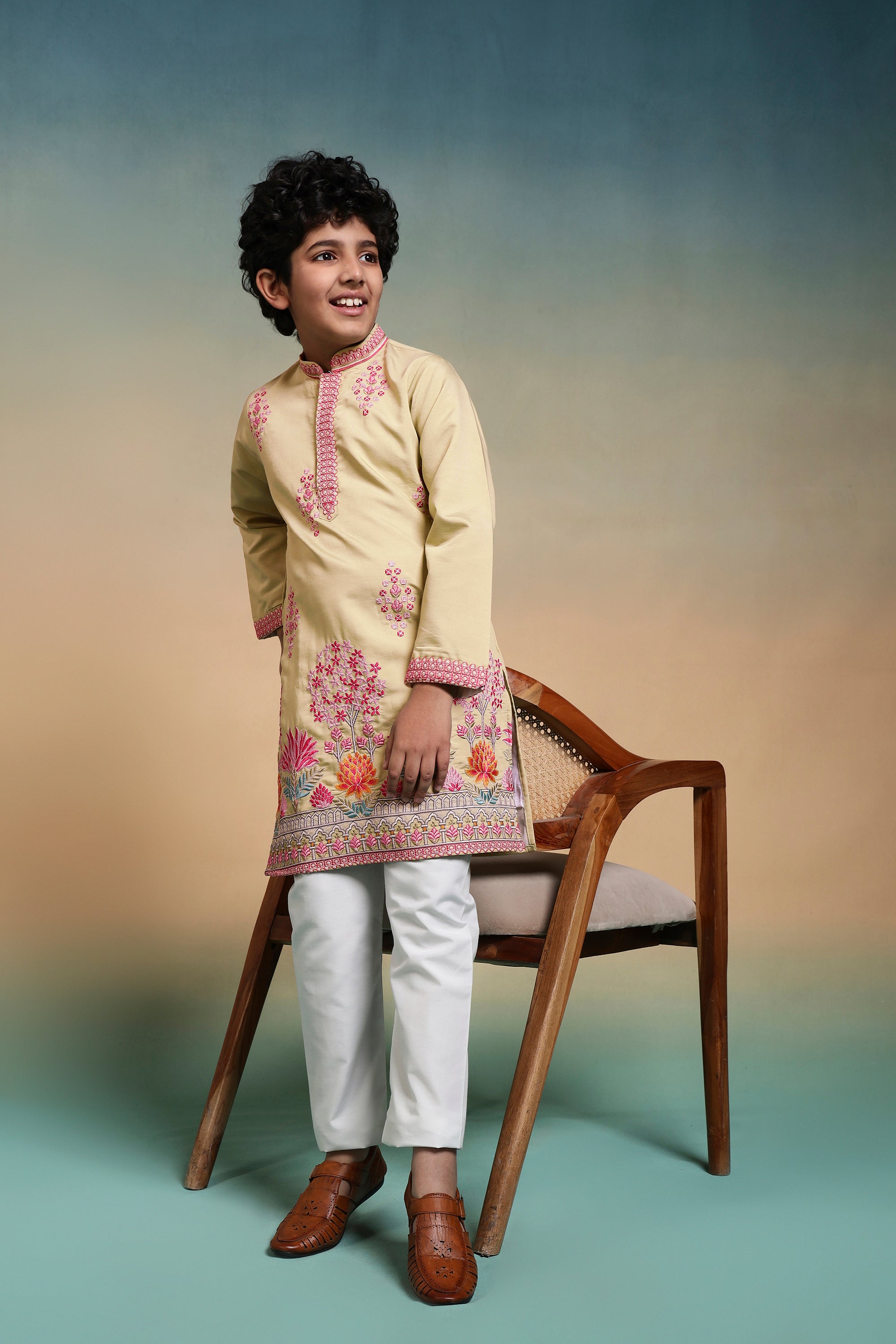 Bright Yellow Viscose Silk Embroidered Work Kurta Pant Set
