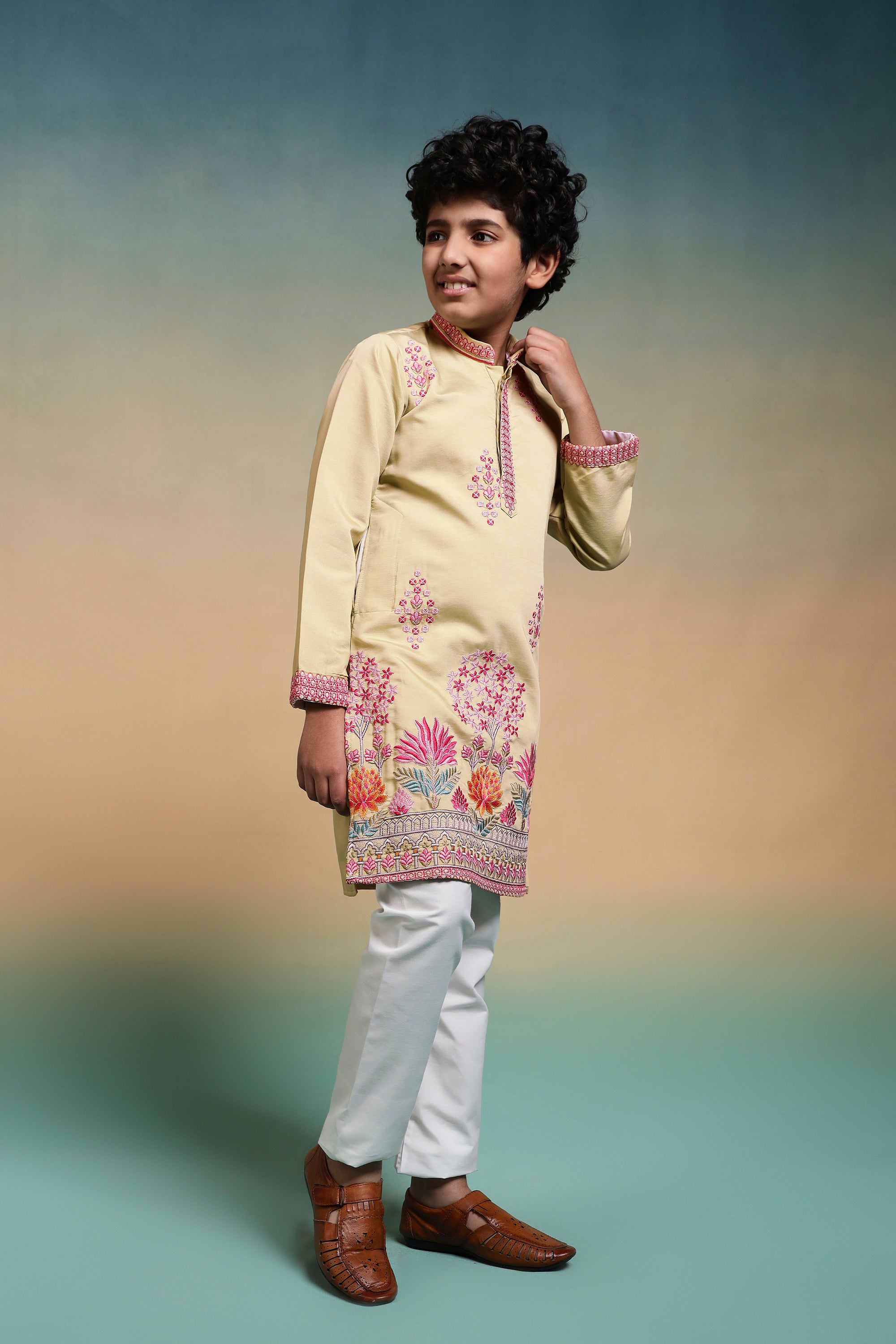 Bright Yellow Viscose Silk Embroidered Work Kurta Pant Set