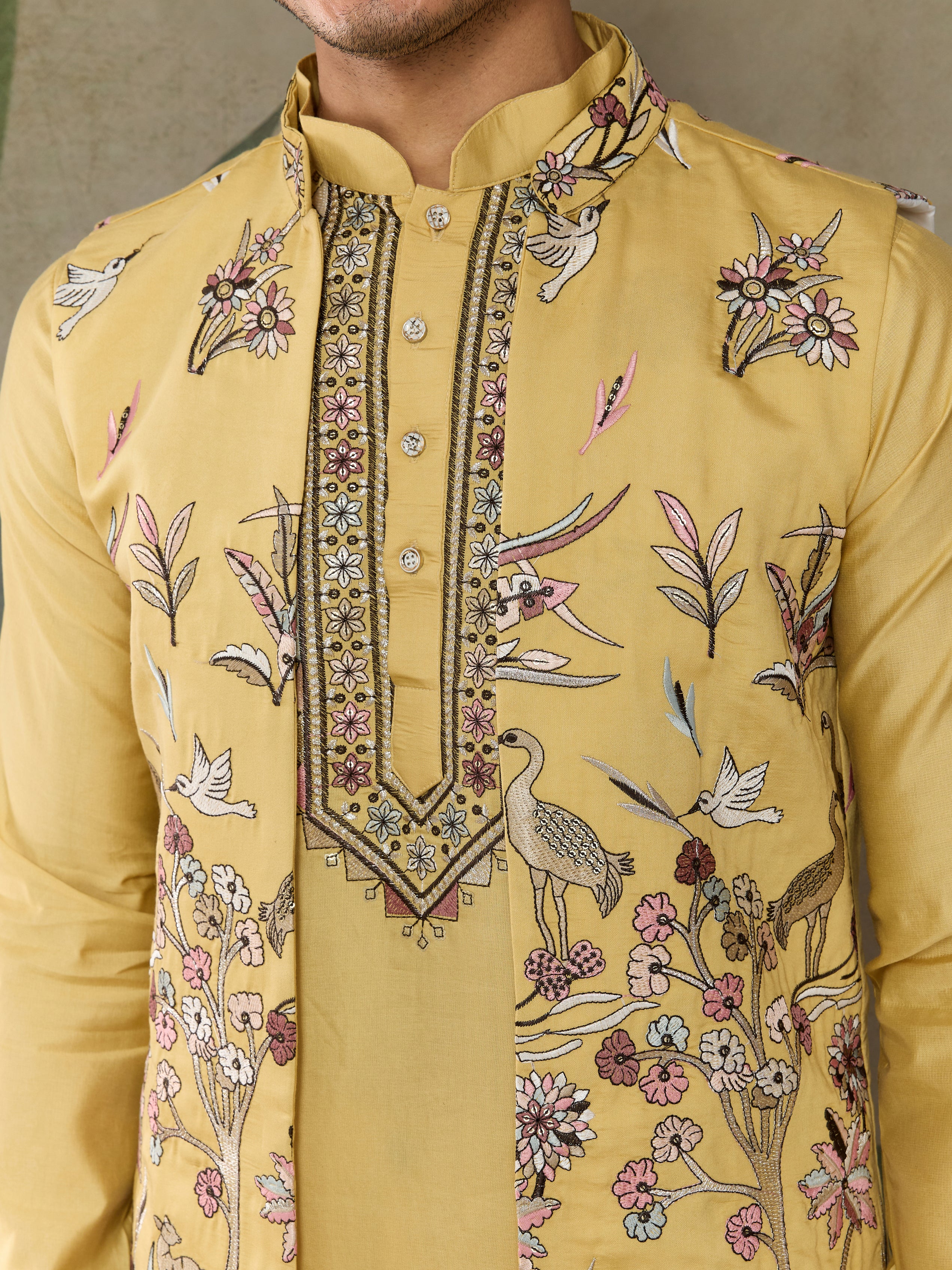 Haldi Special Yellow Kurta Pajama with Open Jacket for Men