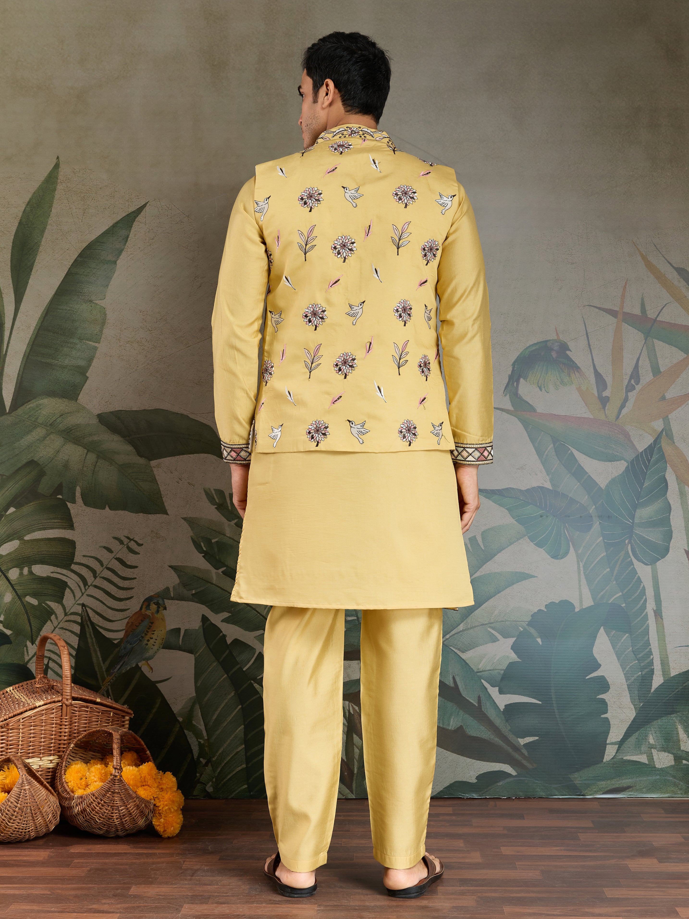 Haldi Special Yellow Kurta Pajama with Open Jacket for Men