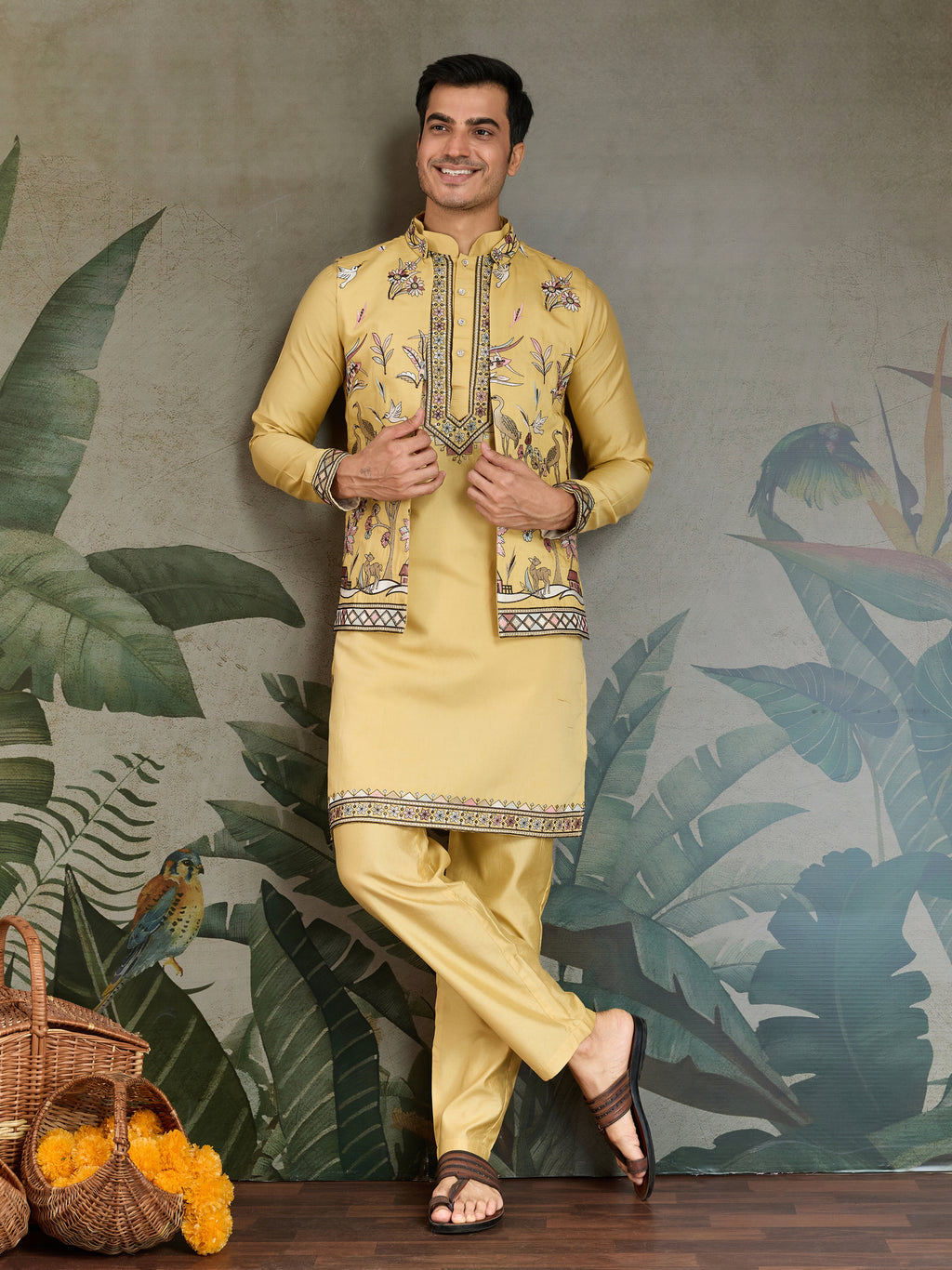 Haldi Special Yellow Kurta Pajama with Open Jacket for Men
