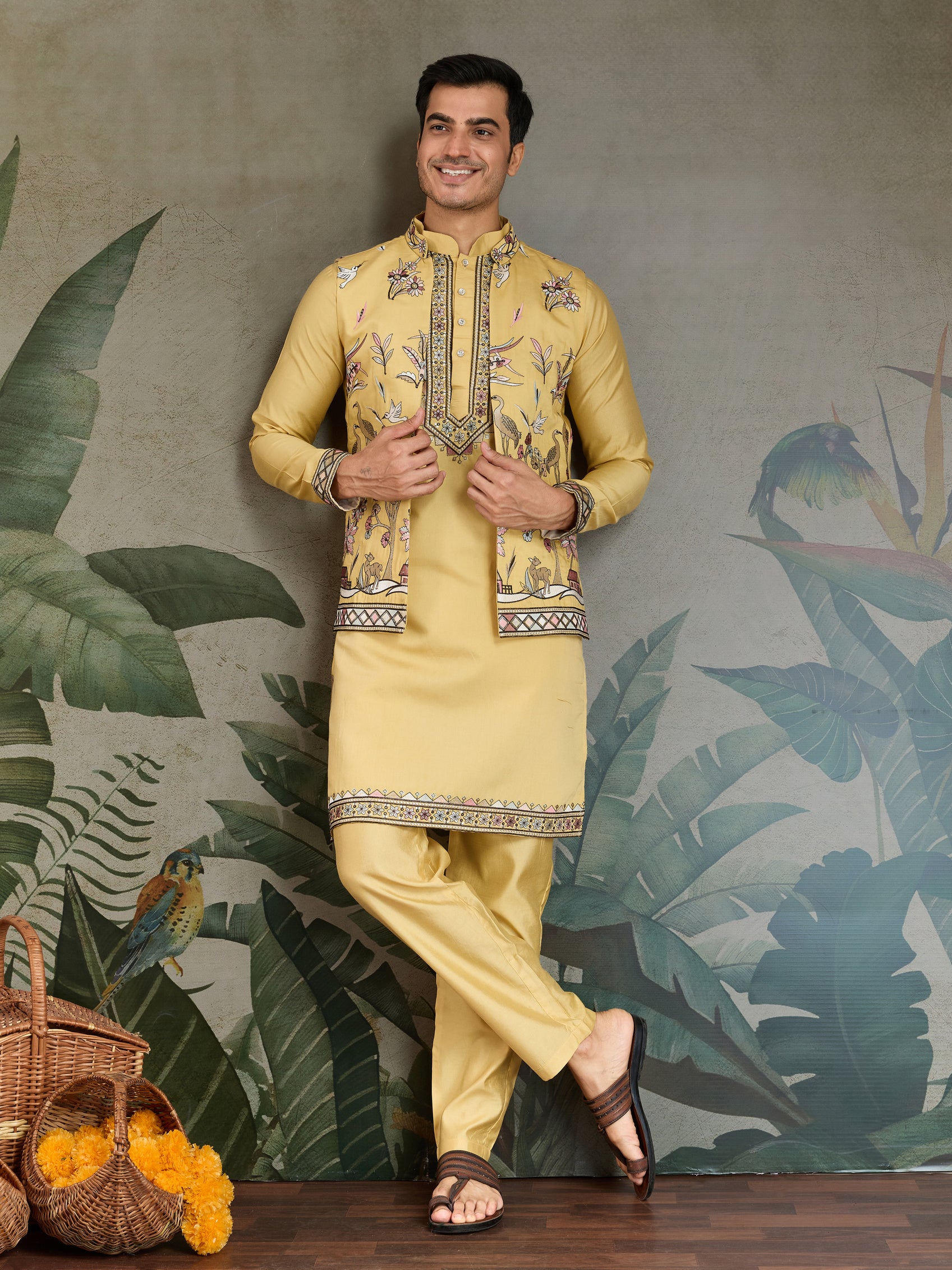 Haldi Special Yellow Kurta Pajama with Open Jacket for Men
