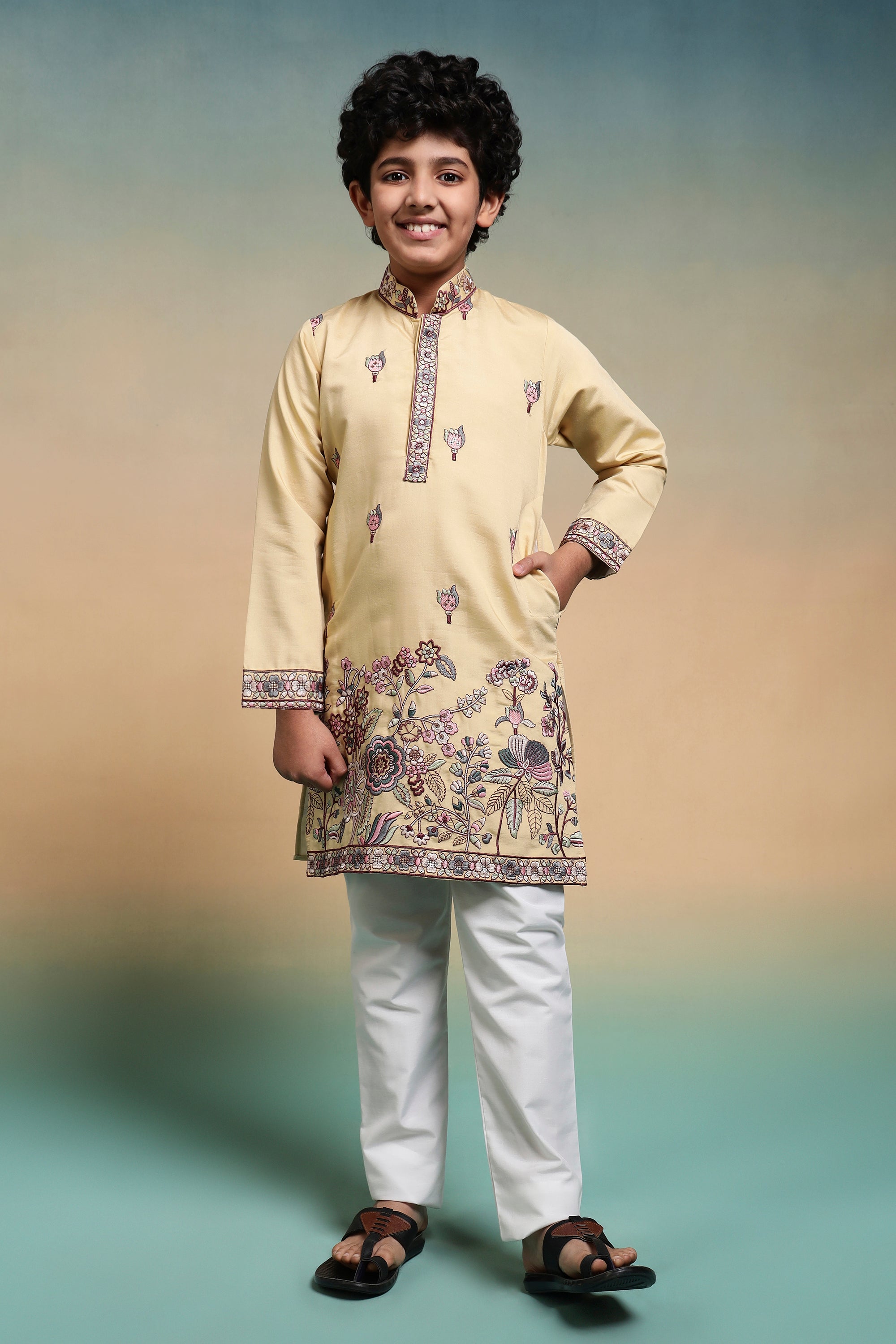 Haldi Yellow Embroidered Work Kurta Pant Set For Wedding
