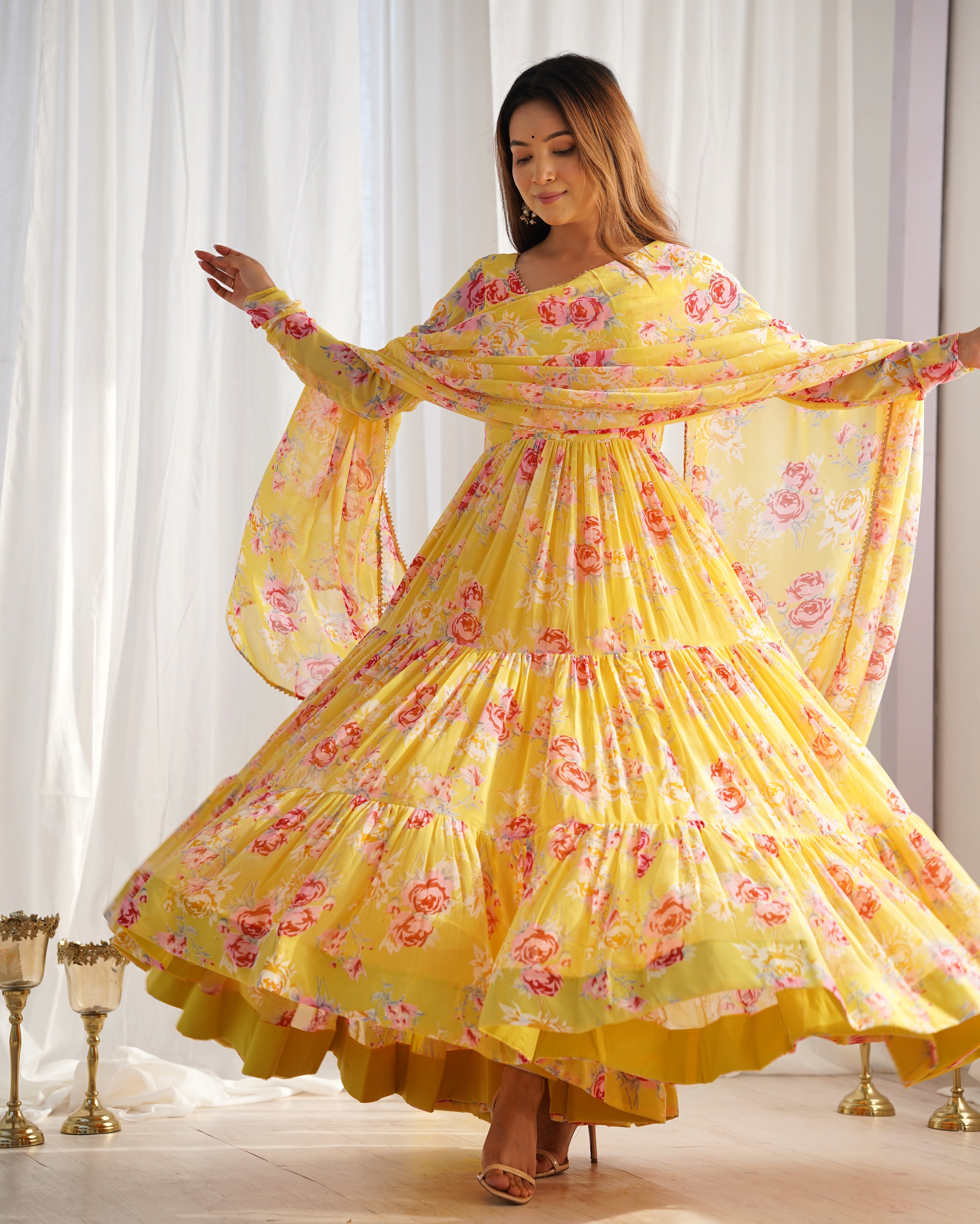 Digitally Printed Pure Soft Faux Georgette Anarkali Suit With Huge Flair Comes With Duppatta & Pant-YELLOW
