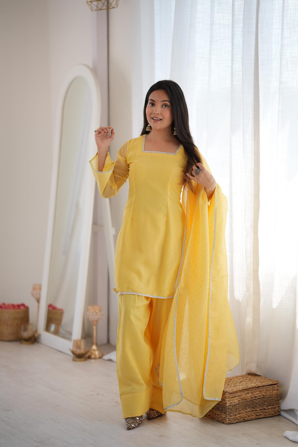 Beautiful Yellow Crunchy Silk Siroski Suit Set  | Tulip Designer
